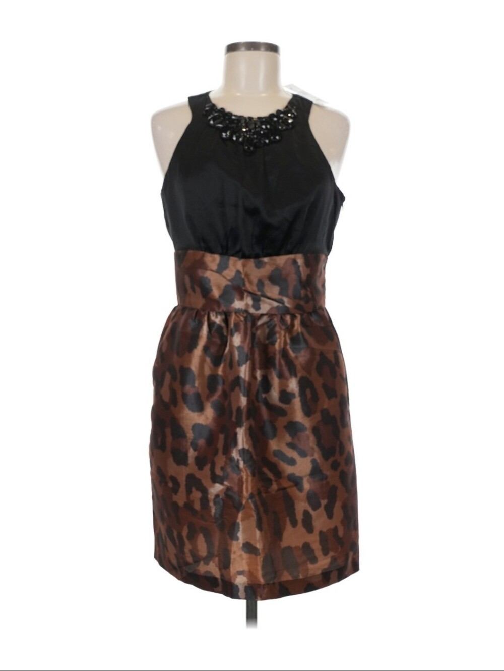 Alexia Admor Black Silk Tie Bodice Brown Leopard Print Skirt Dress M